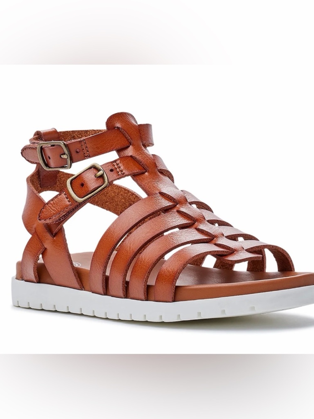 Girls Brown leather Strappy Gladiator Flat Sandals White non-marking outsole - Picture 2 of 9